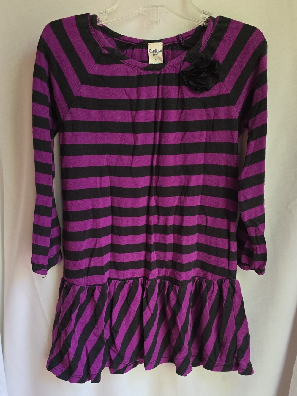 OshKosh B'gosh Purple & Black Striped Long-Sleeve Girls Dress with Flower Accent